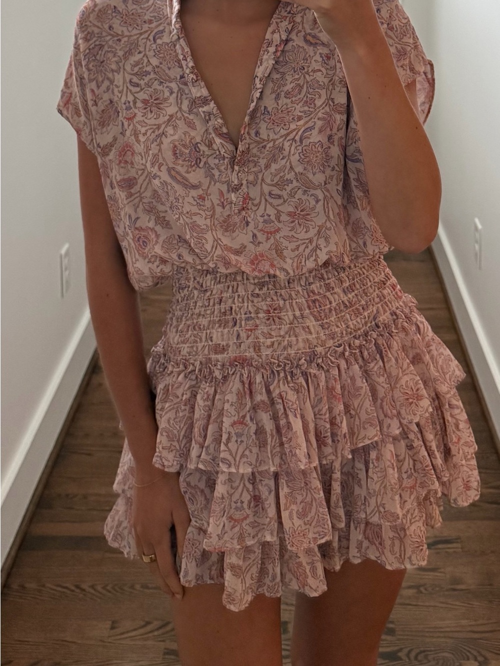 MISS Floral Smocked Waist Tiered Mini Dress - Pink